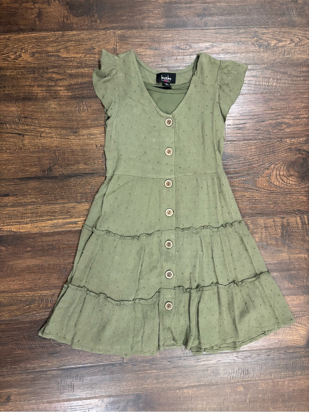 Olive Green Button-Front Tiered Dress